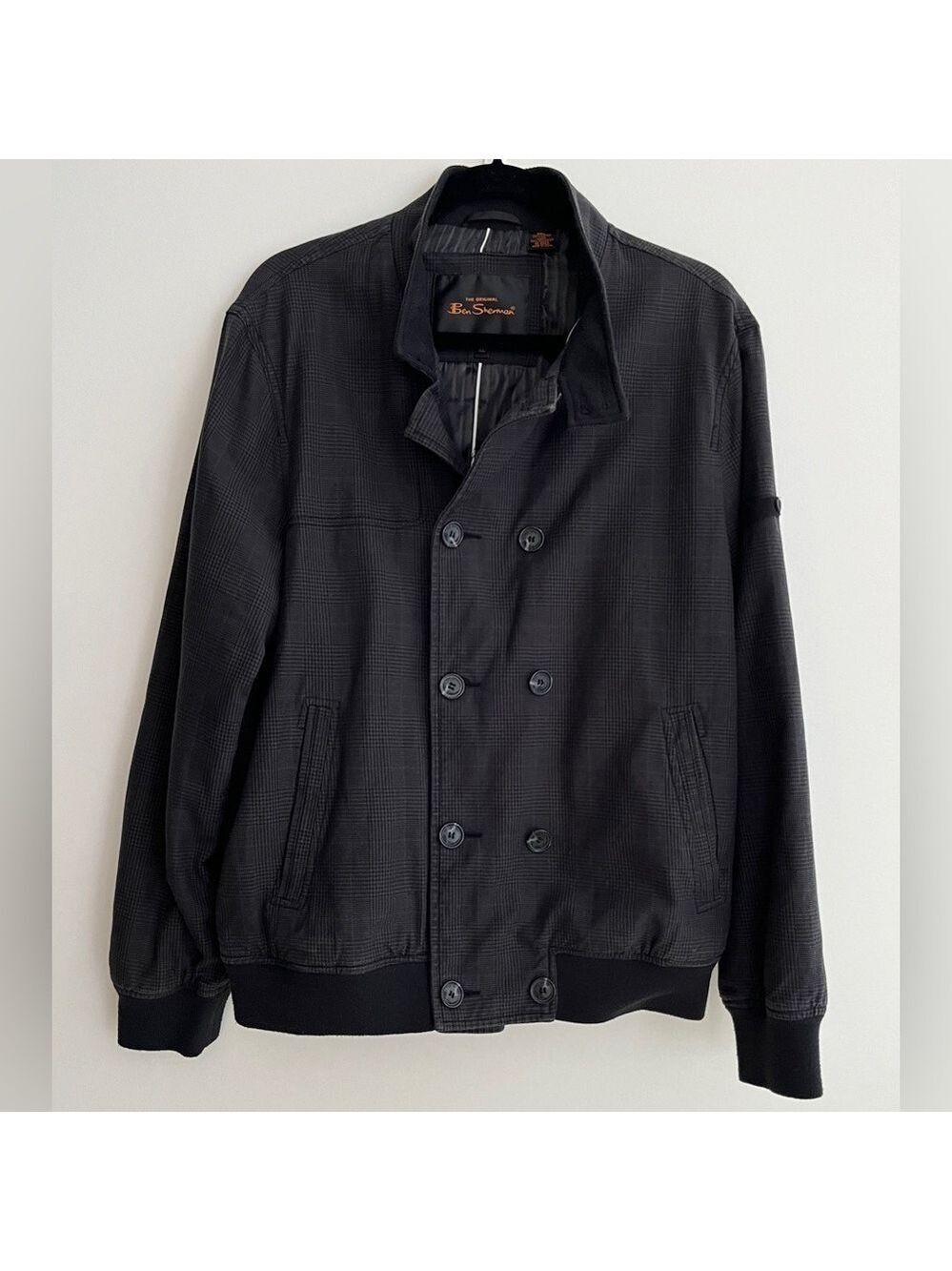 BEN SHERMAN Double Breasted Lined Grey Glen Plaid Bomber Jacket Side Pockets